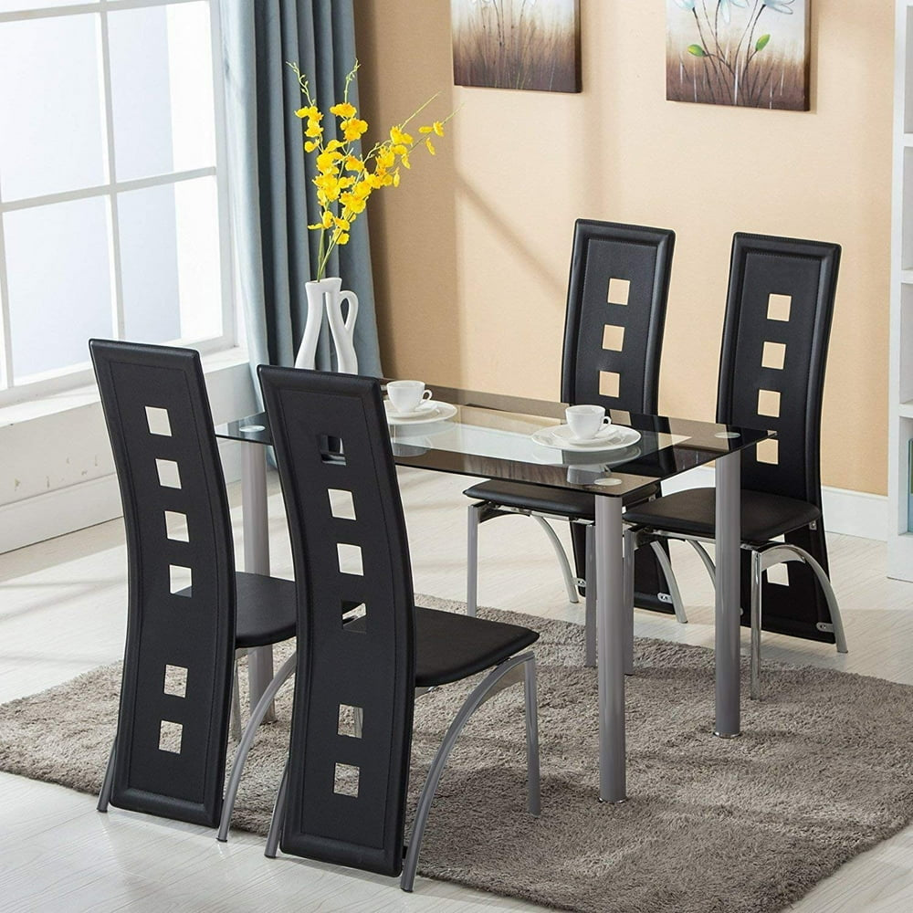 5 Piece Glass Dining Table Set with 4 Faux Leather Chairs, Black