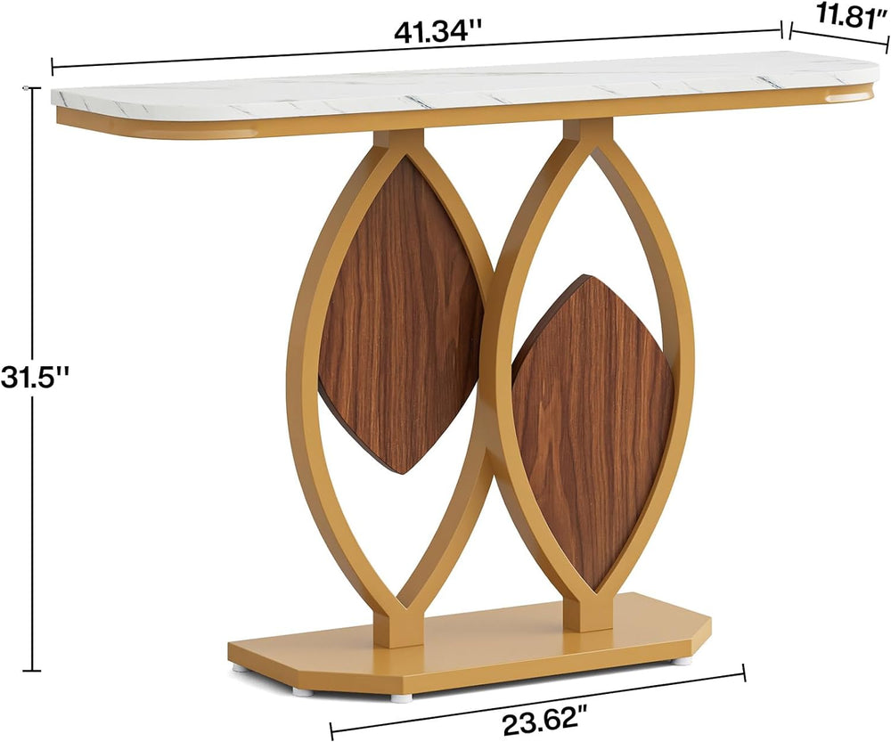 Gold Console Table, 41" Modern Entry Table with White Faux Marble Top