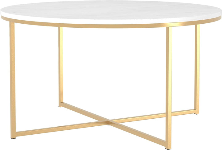 Modern Glam Round Accent Coffee Table, Faux White Marble, Gold