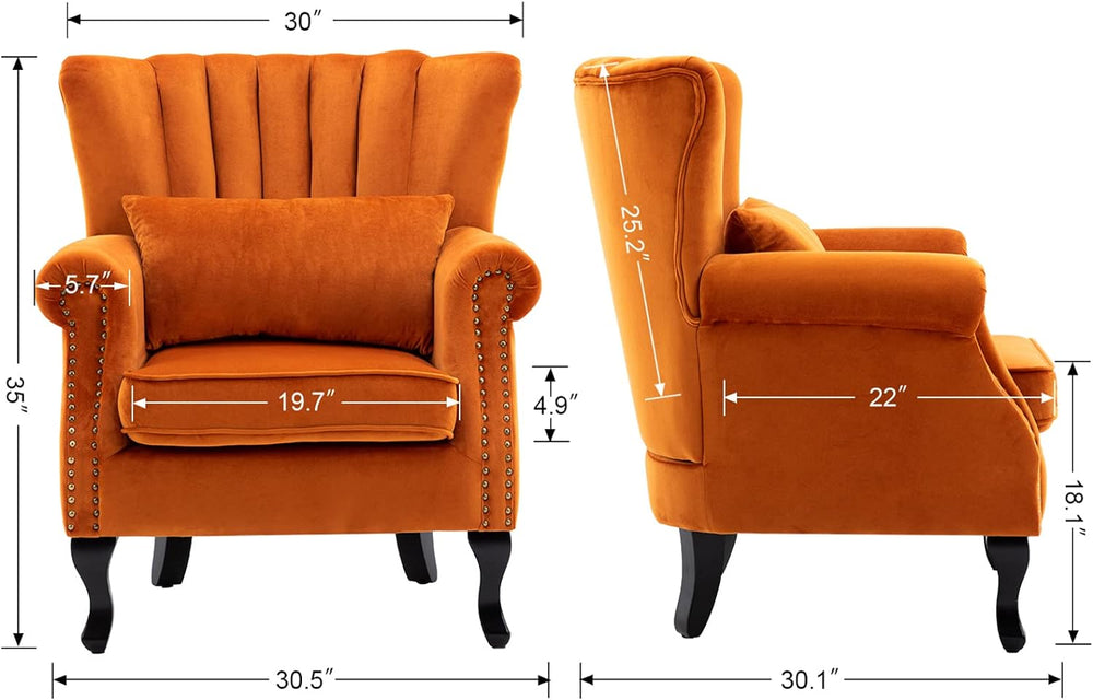 Orange Accent Chair Velvet Wingback Chair w/ Pillow