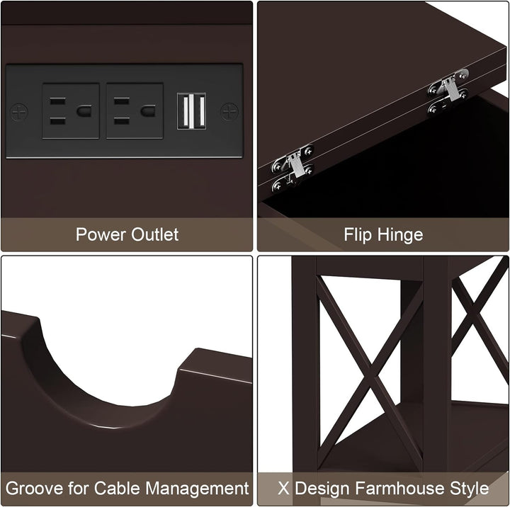 End Table w/ Charging Station, Flip Top Side Table