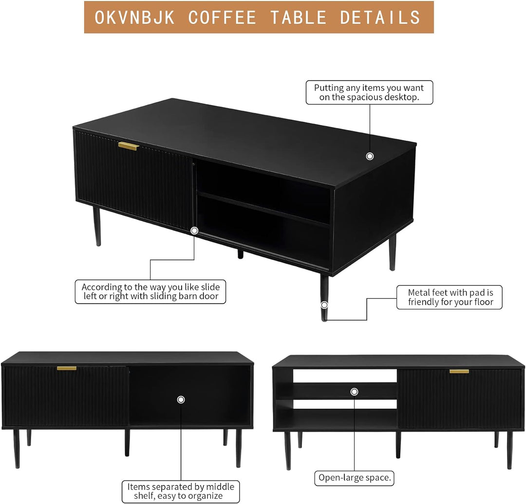 Okvnbjk Modern Black Coffee Table, Waveform Panel, Large Storage