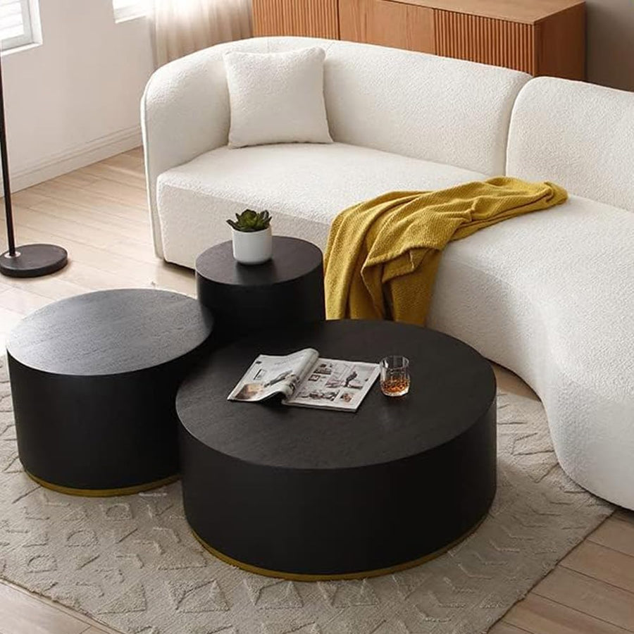 Elegant Round Coffee Table Set with Gold Rim, 3 Set -Black