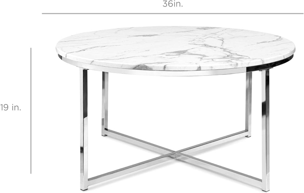 Faux Marble Accent Table, Modern Large End Table, White/Chrome