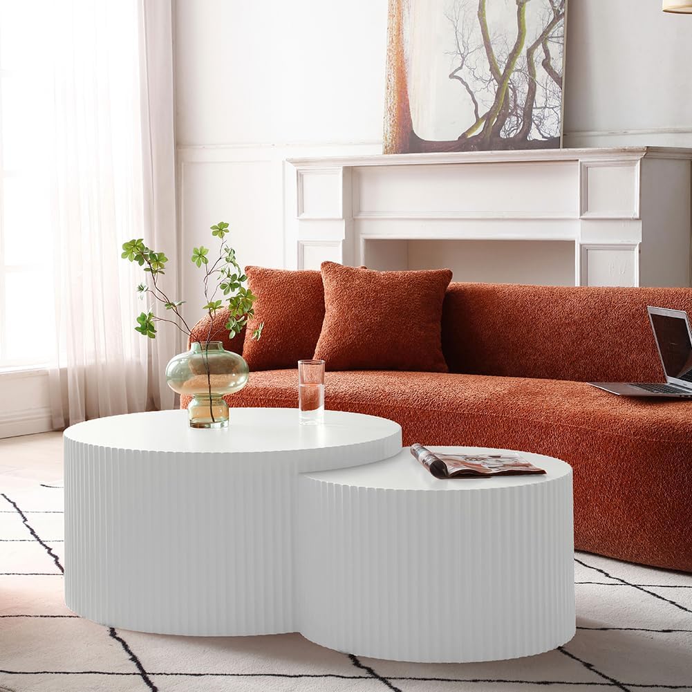 Modern Luxury Nesting Coffee Table Set, Wood Circle Drum, Round-white-2