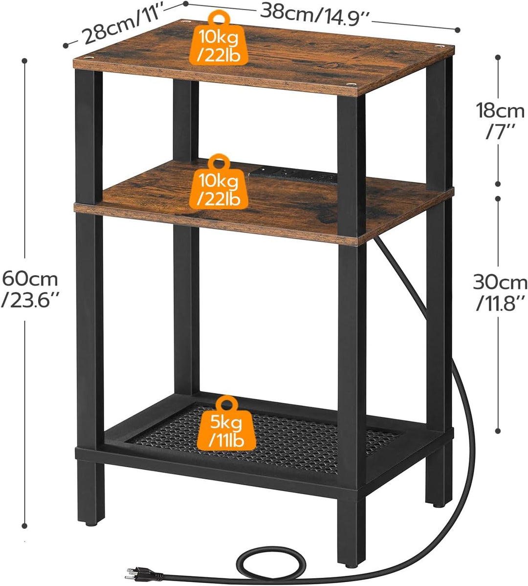 Side Table w/ Charging Station, 3-Tier Storage