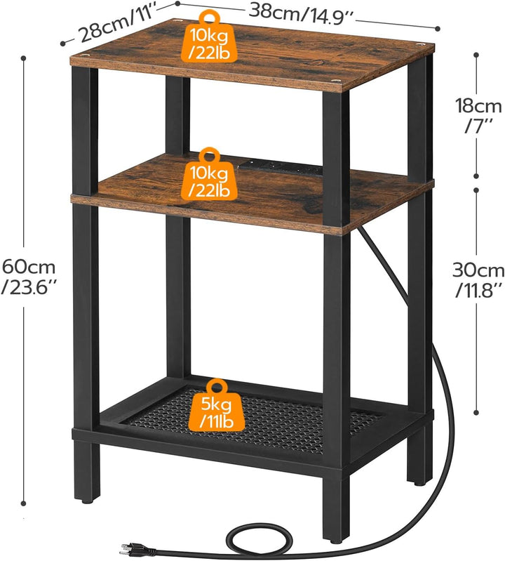 Side Table w/ Charging Station, 3-Tier Storage