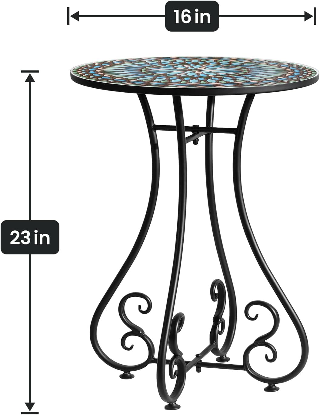 16" Round End Table, Metal Scrollwork Accent Side Table, Classic Brown