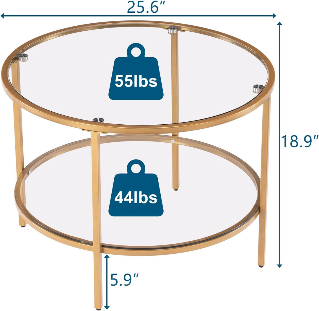 Elegant 2-Tier Glass Top Coffee Table, Gold Finish