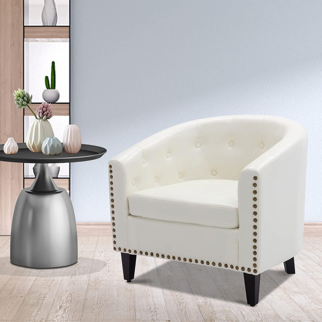 Armchair Barrel Club Chair,Modern PU Leather Accent Chair Arm Club Chair w/Nailheads and Solid Wood Legs,Tub Barrel Style Lounge Chair for Living Room Bedroom Reception Room (White)