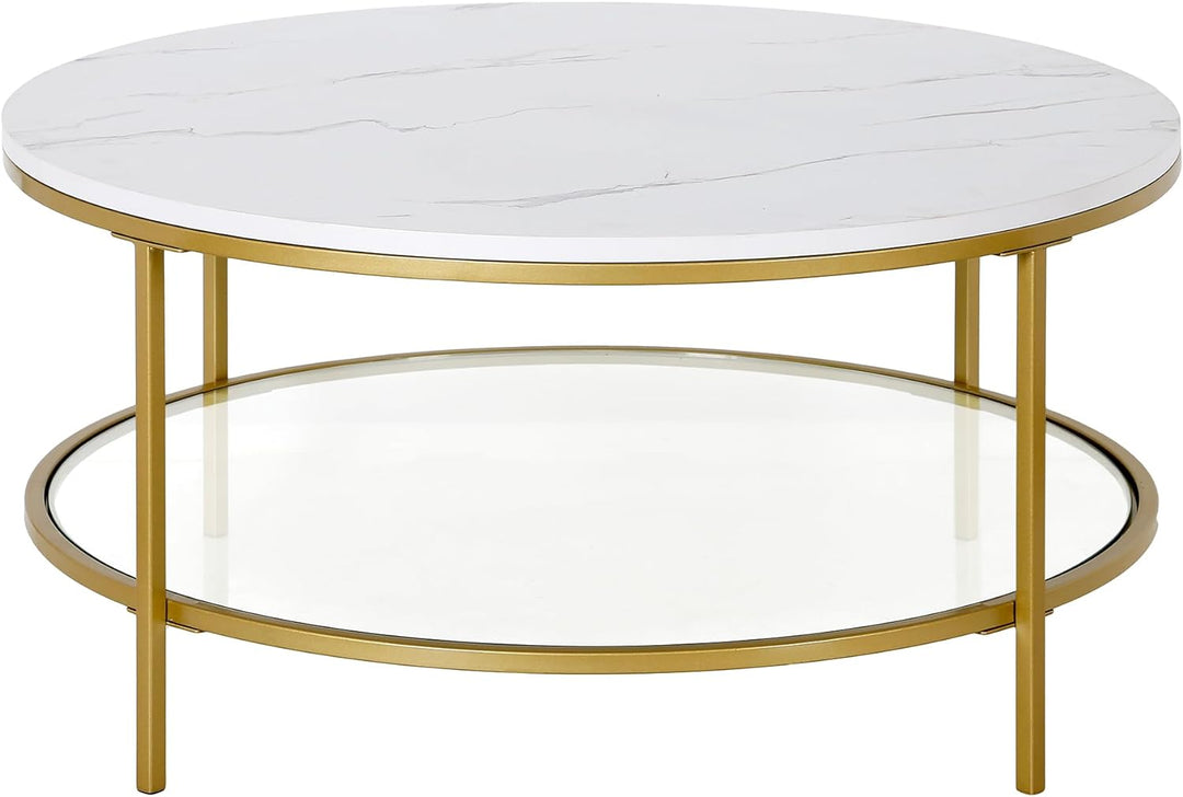 Faux Marble Top Round Coffee Table, Modern Design, Gold