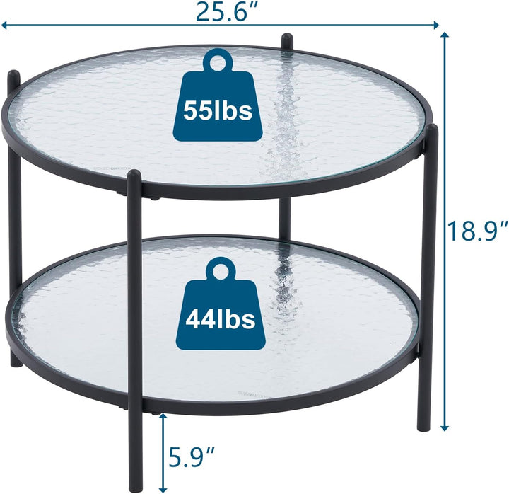 Matte Black Round Coffee Table with Water-Wave Glass, 2-Tier Storage Design, for Living Room, Bedroom, Balcony, Patio