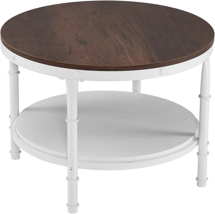 VINGLI Rustic Oak White Round Farmhouse Coffee Table, 2-Tier