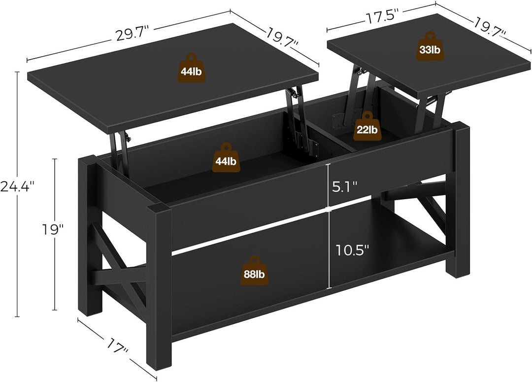 Farmhouse Coffee Table with Lift Top, Hidden Compartment & Shelf, Black