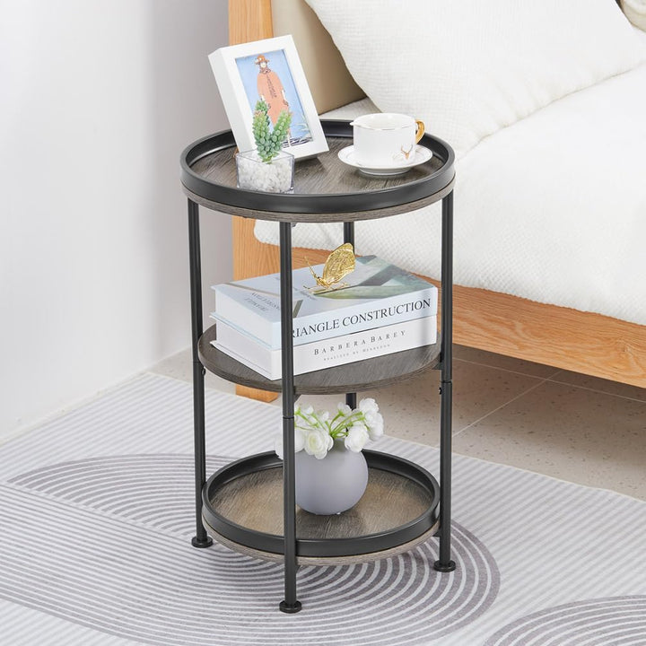 Side Table, 3 Shelves, Steel Frame, Grey