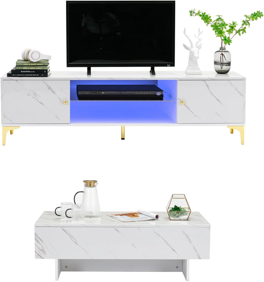 Elegant Marble White Table Set: Modern Coffee Table, Contemporary TV Stand