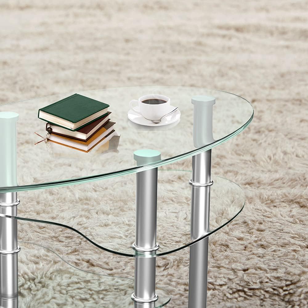 Nidouillet 3-Tier Tempered Glass Coffee Table, Oval, Gray