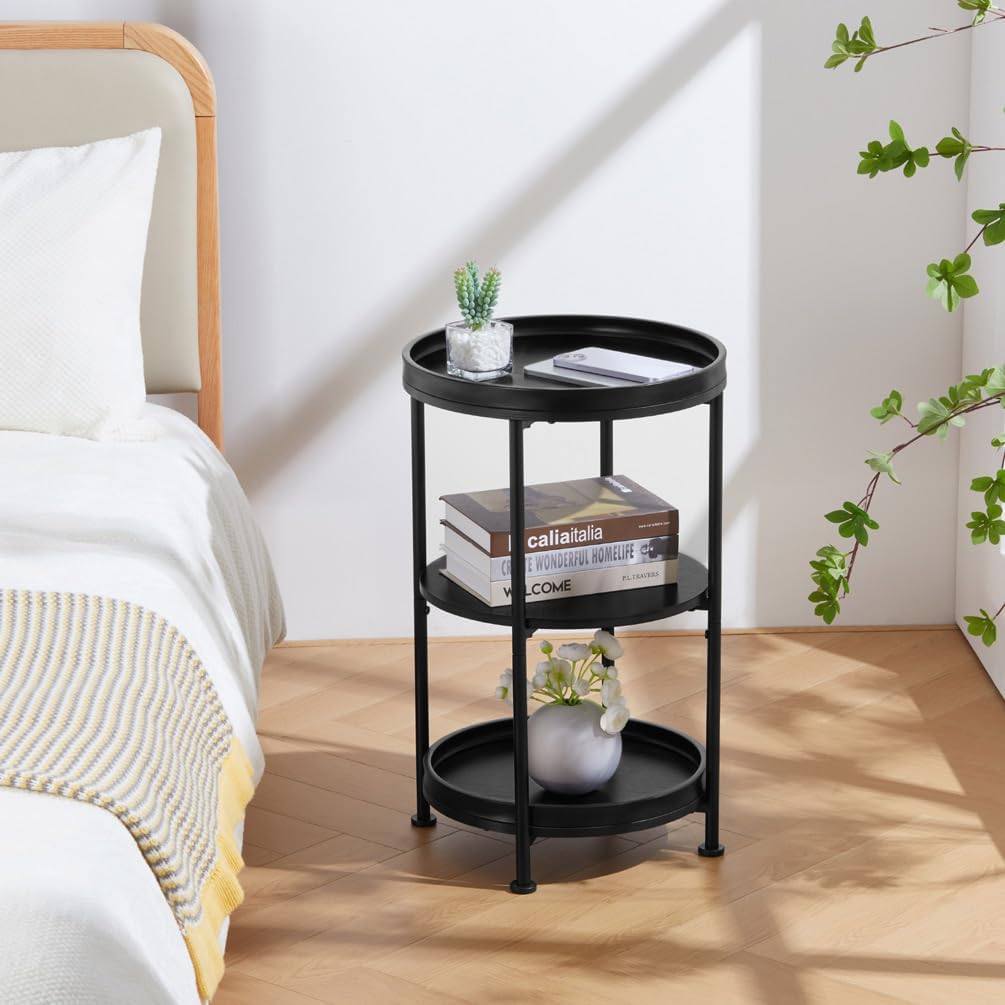 Side Table, 3 Shelves, Steel Frame, Black