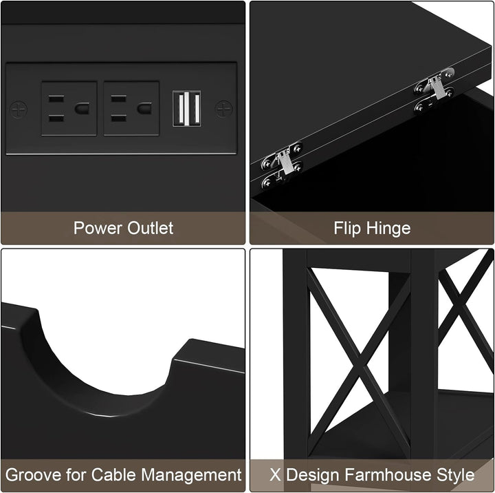 End Table with Charging Station - Narrow Flip Top Side for Small Spaces