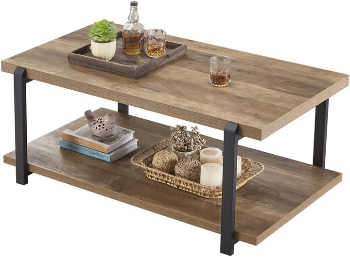 Rustic Industrial Coffee Table with Shelf, Wood and Metal Accent, Oak