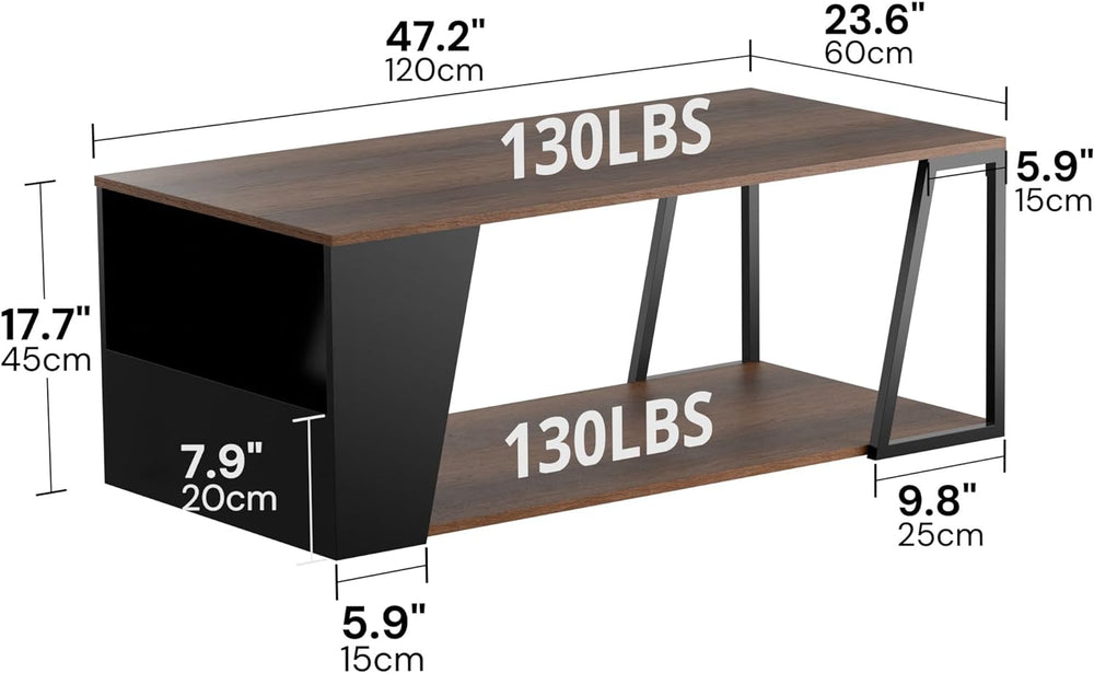 Rustic 2-Tier Coffee Table, Rectangular Wood Center Table with Storage, Metal Frame, Walnut