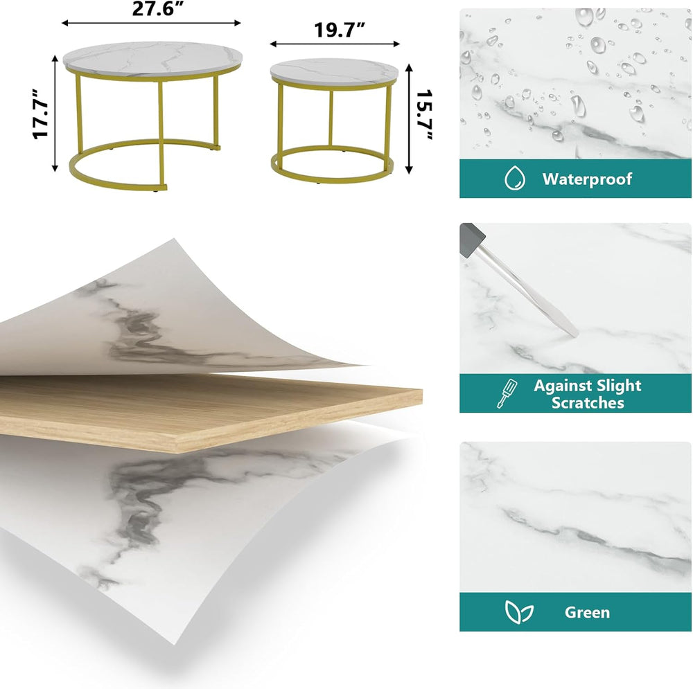 White Nesting Coffee Table Set, Wooden Marble Pattern, Adjustable Feet