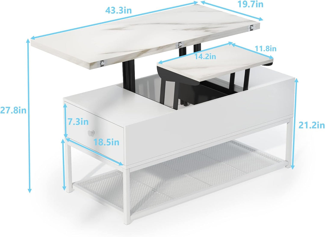 Lift Top Coffee Table with Storage Drawers and Hidden Compartment, Faux Marble White