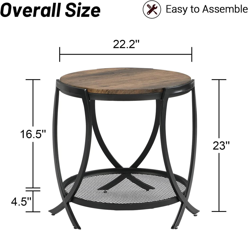 Industrial Round End Table, 2-Tier Side Table, Rustic