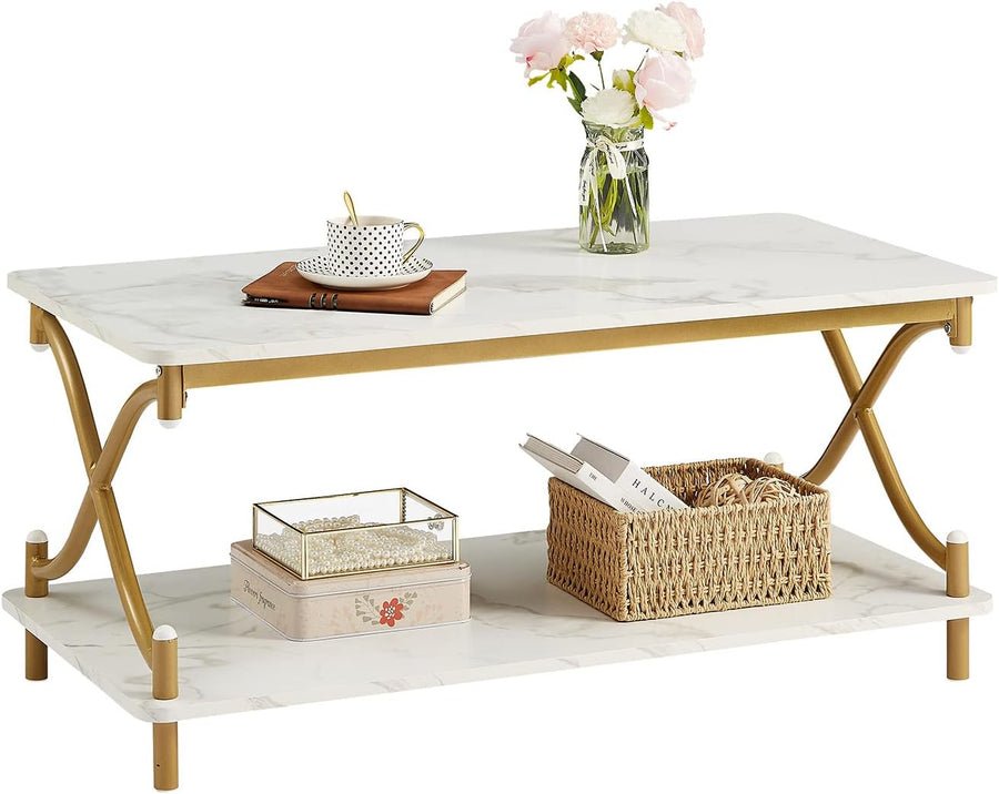 Versatile White and Gold Coffee Table, Modern Rectangle Design