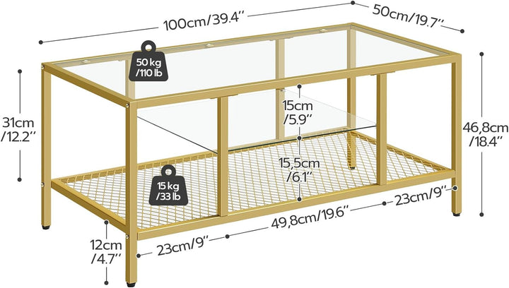 Gold Coffee Table, Glass Coffee Table for Living Room, 3-Tier Rectangular Coffee Table, Gold Glass Coffee Table with Storage Shelf, Metal Frame, Gold