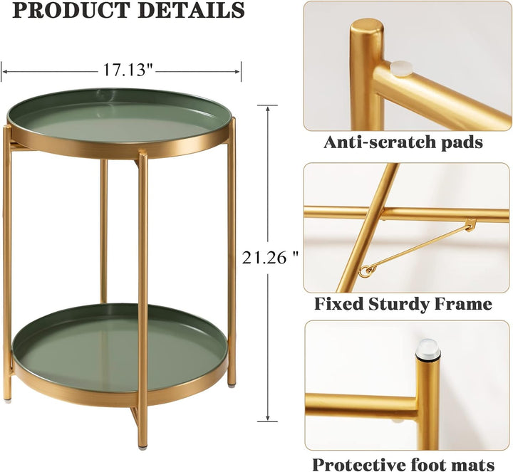 2 Tier Gold Side Table, Folding Round Metal End