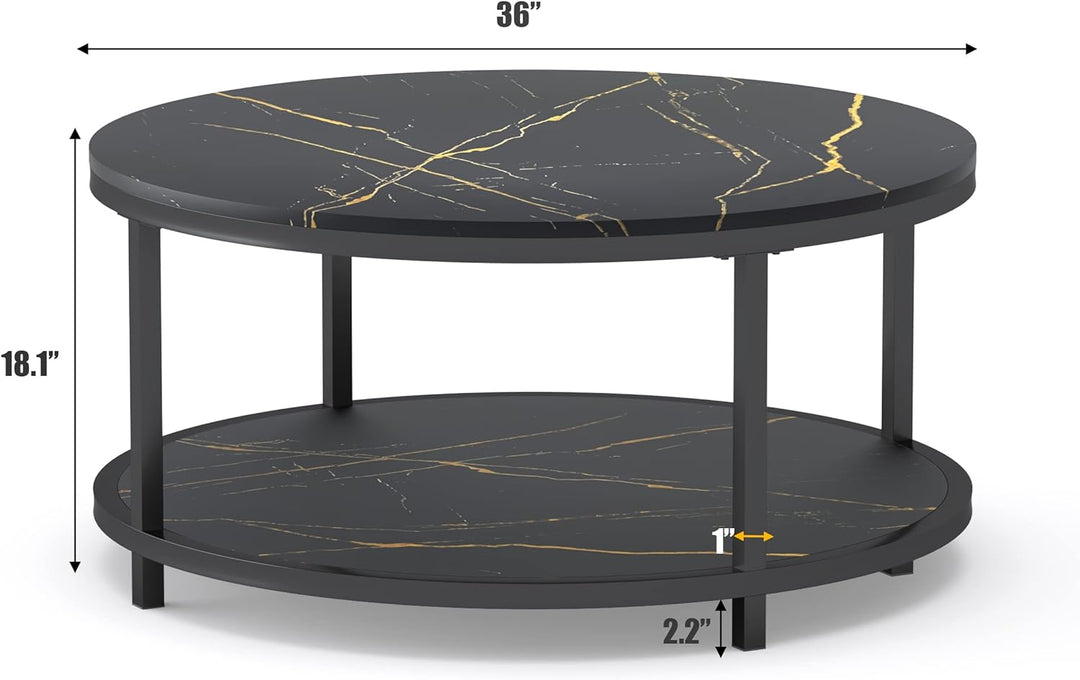 Faux Marble Top Round Coffee Table, Black