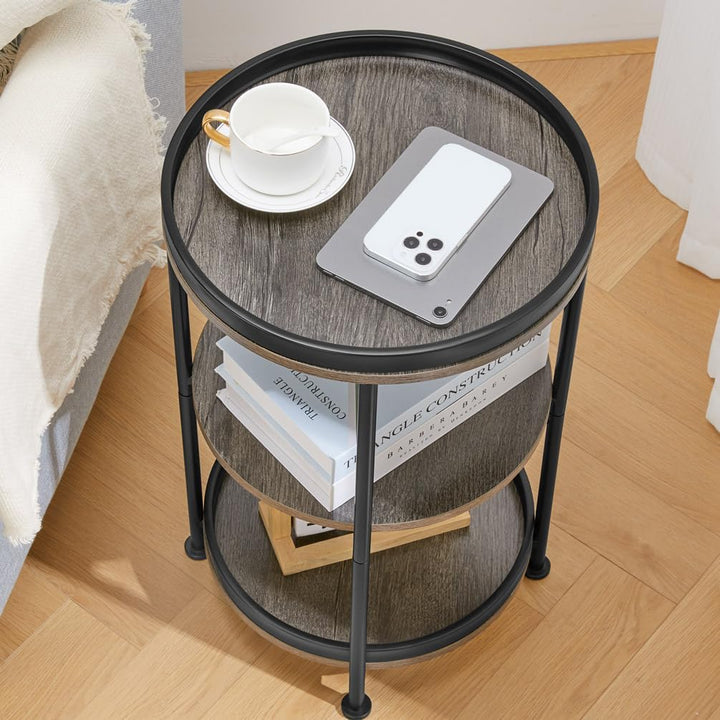 Side Table, 3 Shelves, Steel Frame, Grey