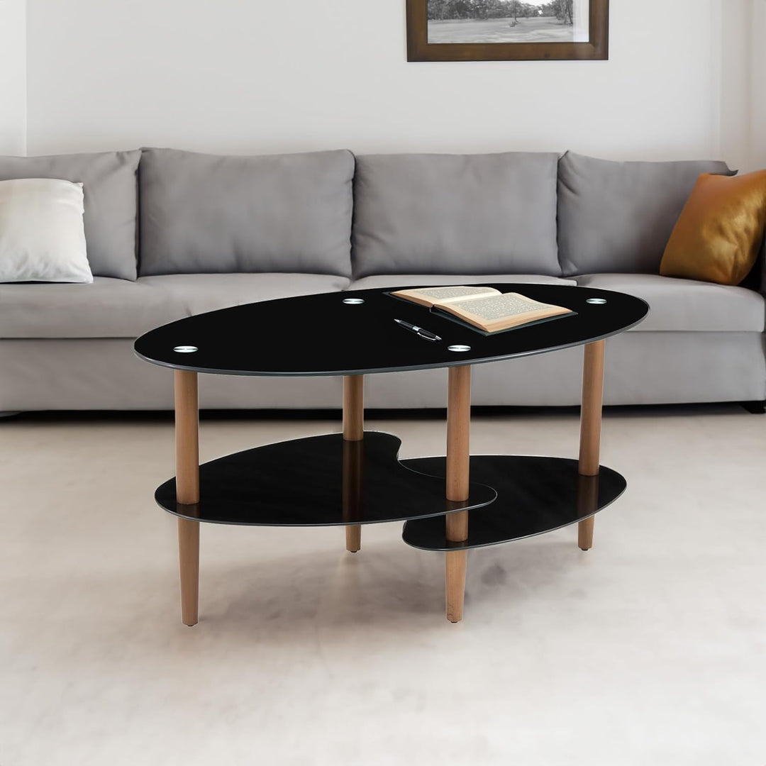 Modern Oval Glass Coffee Table with Oak Wood Legs, Black