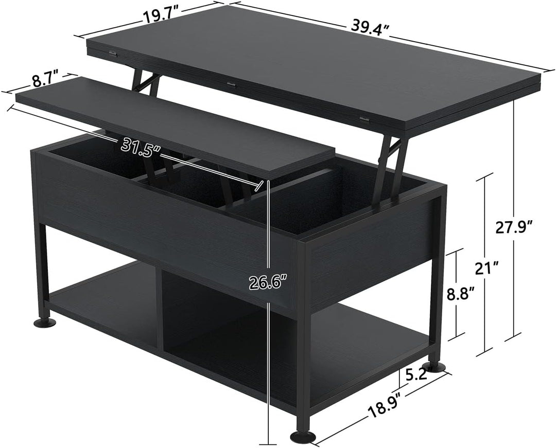 Lift Top Coffee Table with Hidden Compartment, Modern 4-in-1 Multifunctional Dining Table for Living Room, Black