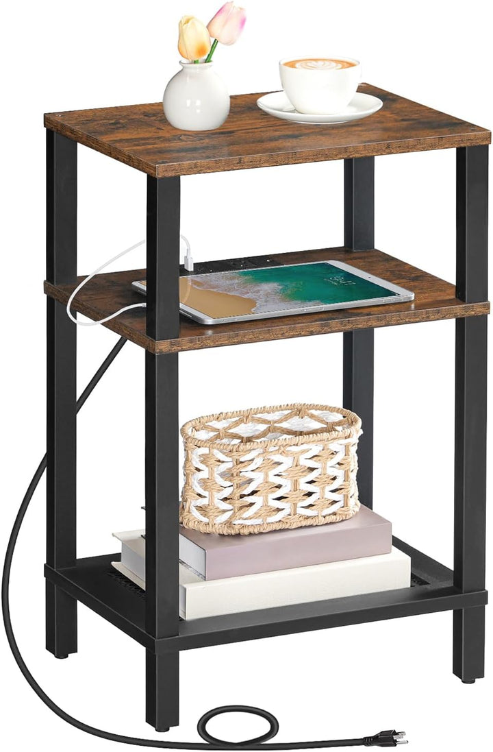 Side Table w/ Charging Station, 3-Tier Storage