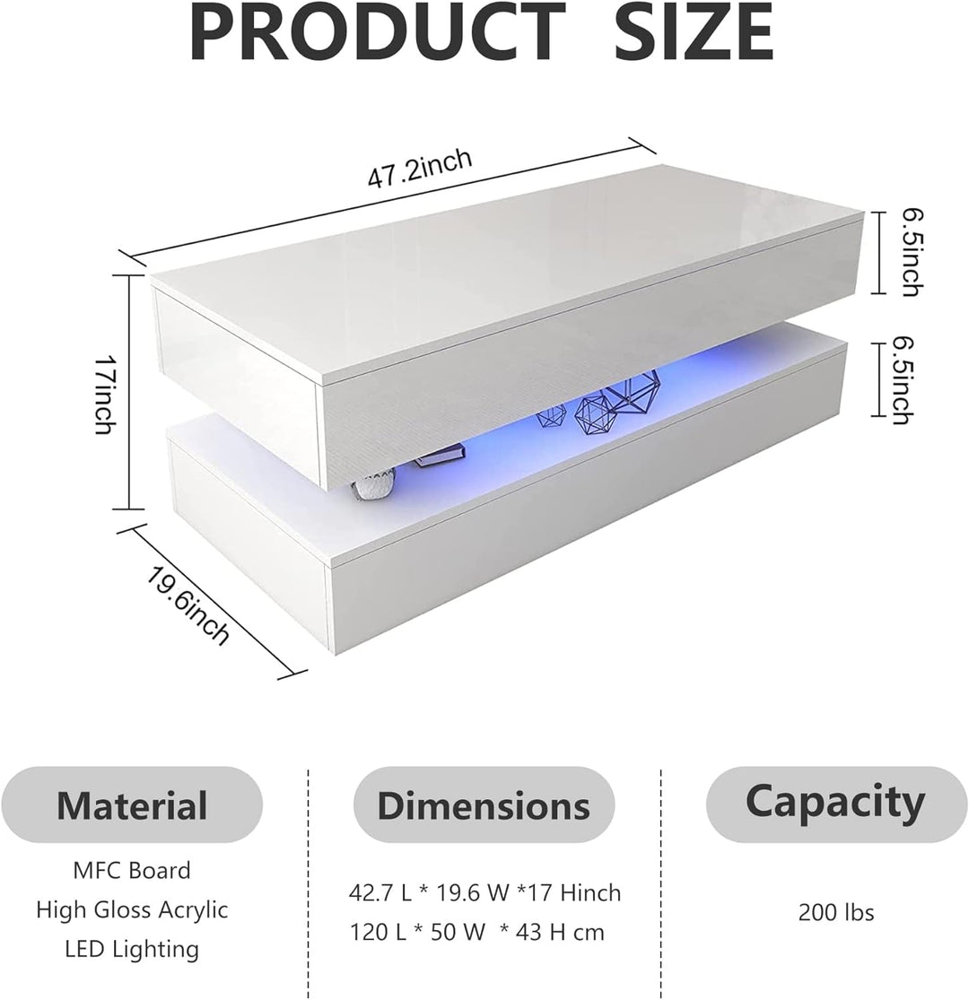 Deluxe 2-Tier LED Coffee Table, High-Gloss White, 16-Color Lights