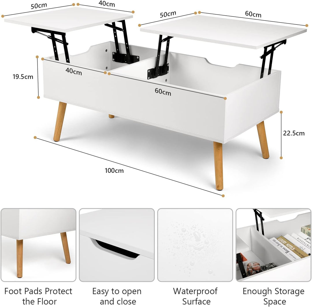 VOWNER Coffee Table with Lift Top, Hidden Storage, White