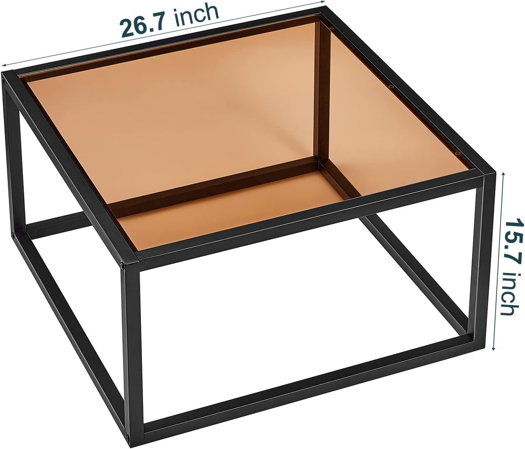 Glass Coffee Table, Modern Square Center Table, Tempered Glass Top, Brown