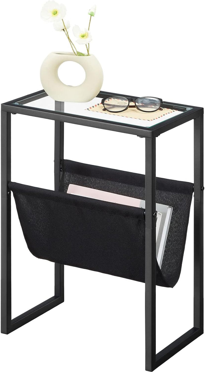 Narrow Side Table, Tempered Glass End Table, Black