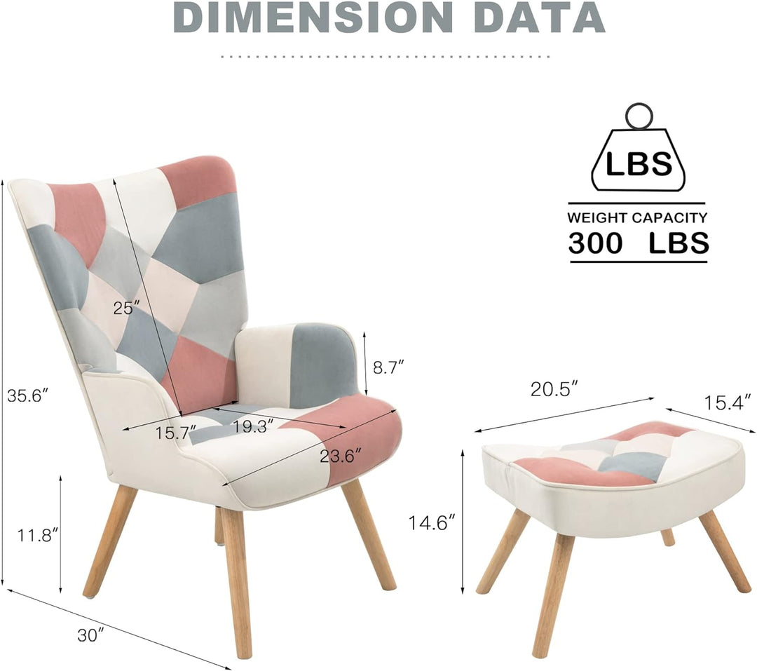 Patchwork Accent Chair with Ottoman Set Pink