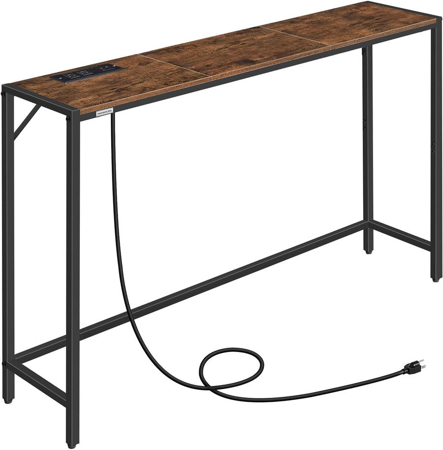 Console Table, Narrow Sofa Table, 43.3" Entrance Table with Power Station, Rustic Brown and Black CTHR112E01