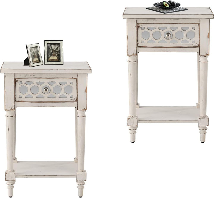 End Table w Drawer & Shelf Set of 2, White