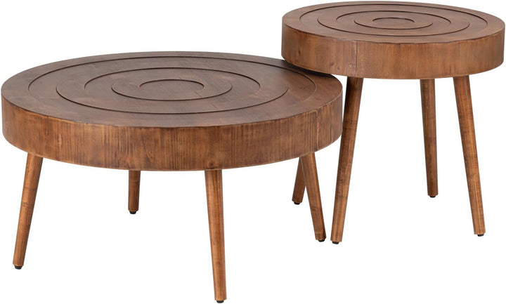 Round Coffee Table Set, 2-Piece Farmhouse Nesting Tables, Brown