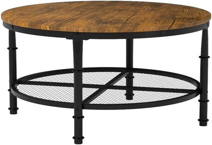 Rustic Industrial 2-Tier Round Coffee Table, Wooden Tabletop, Brown