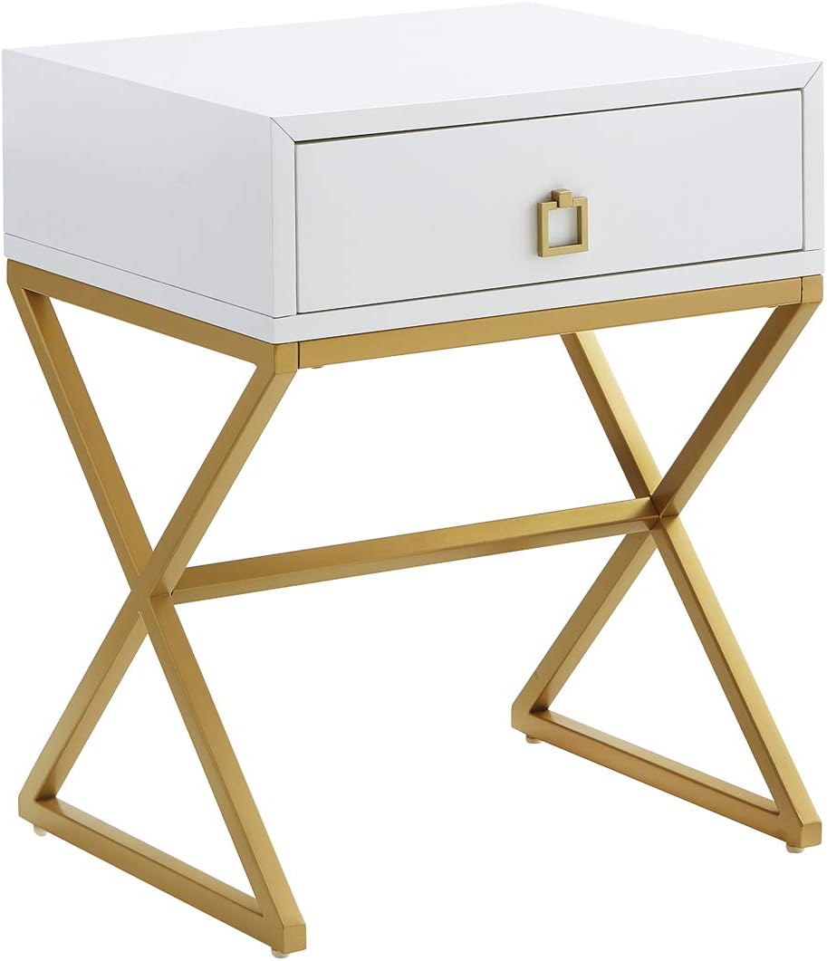 Modern Side Table with Drawer End Table White/Gold