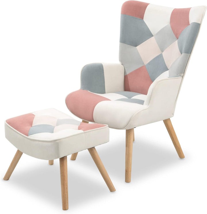 Patchwork Accent Chair with Ottoman Set Pink