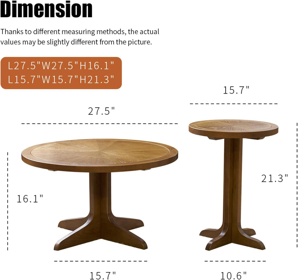 2-Piece Round Brown Coffee Table Set, Solid Wood Nesting Tables