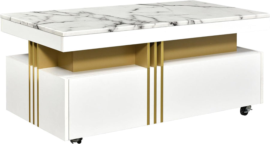 Faux Marble Coffee Table, Caster Wheels, Drawers, Gold Bars, White