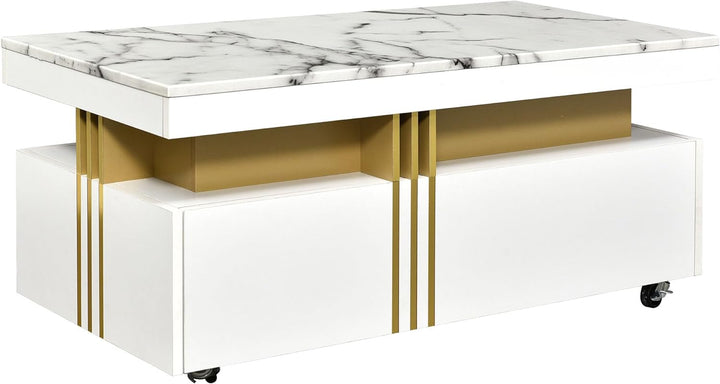 Contemporary Coffee Faux Marble Top Cocktail Table, White